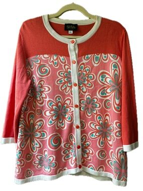 Bob Mackie Floral Coral & Pink Button-Up Cardigan